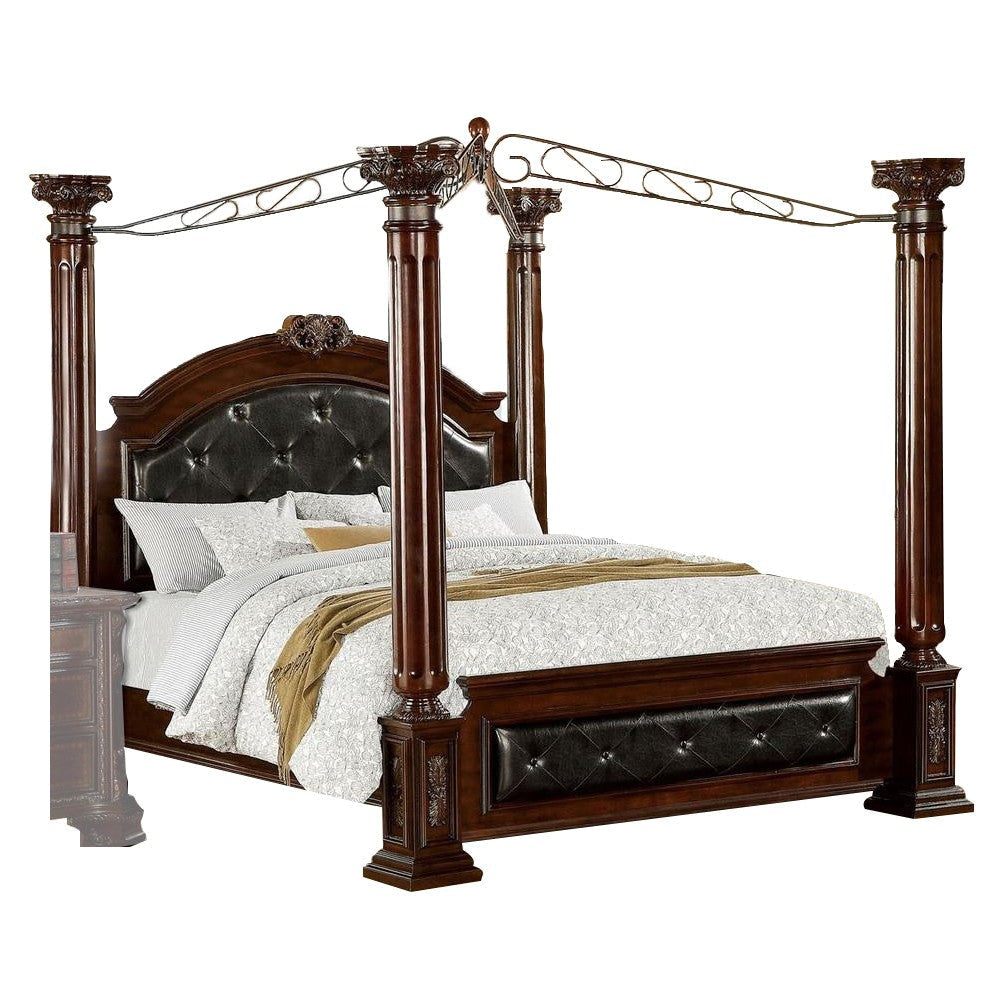 Wooden Eastern King Bed with Leatherette Headoard and Footboard, Brown By Casagear Home