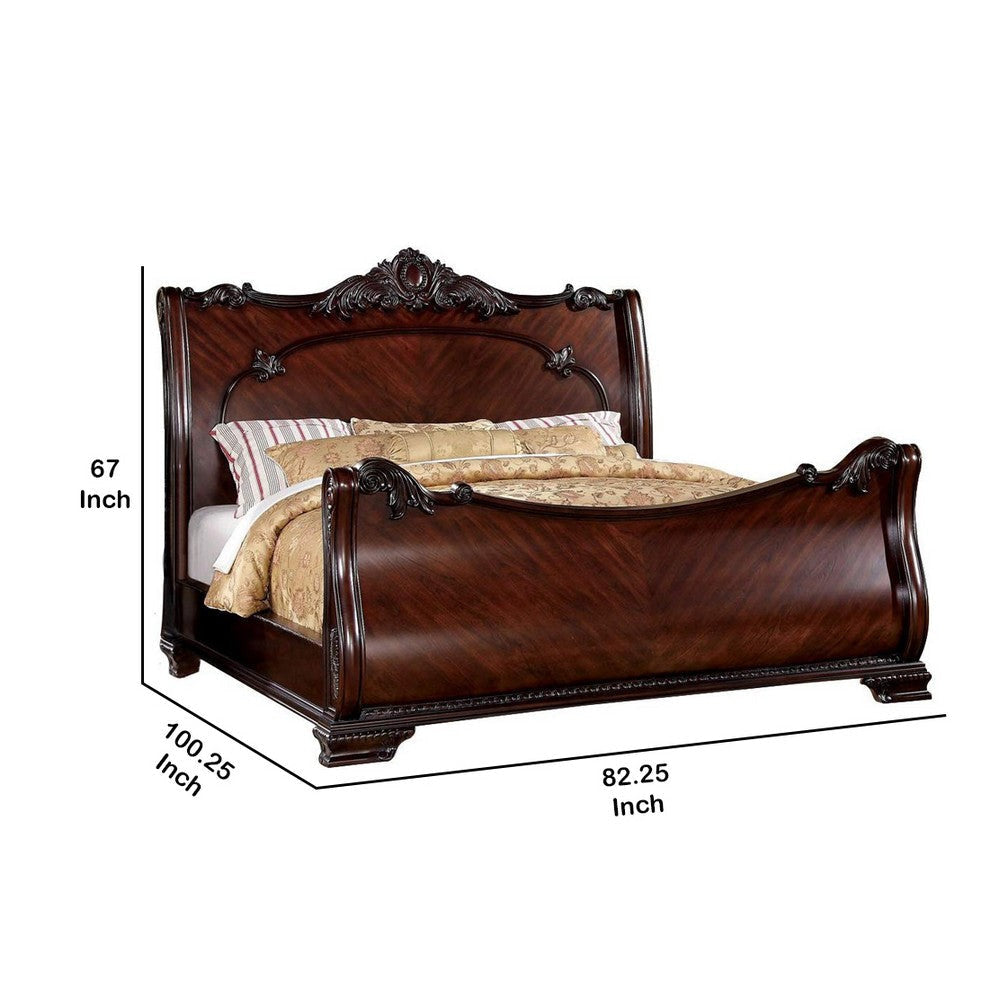 Traditional California King Wooden Sleigh Bed with Intricate Carving Brown By Casagear Home BM216294