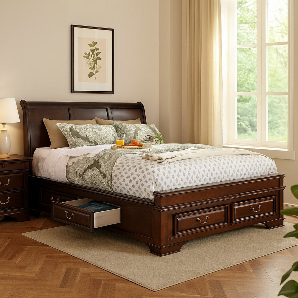 Transitional Bed | California King | Wood Frame | Multiple Bottom Drawers | Brown
