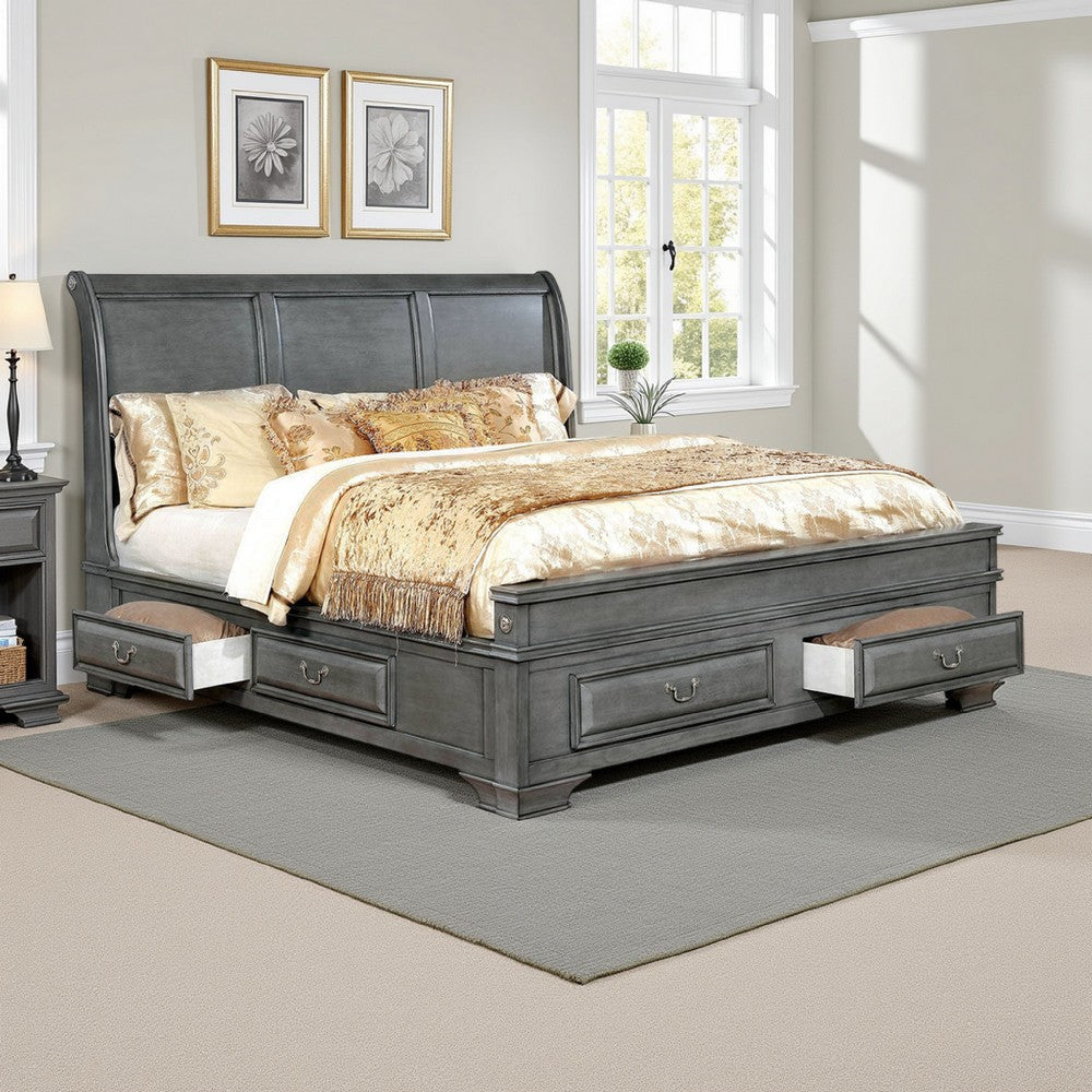Transitional Bed | California King | Wood Frame | Multiple Bottom Drawers | Gray