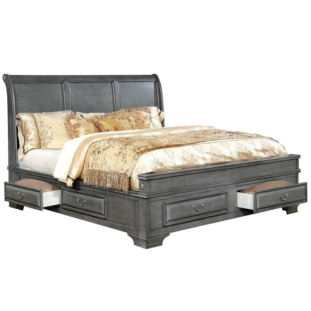 Transitional Eastern King Wooden Bed with Multiple Bottom Drawers, Gray By Casagear Home