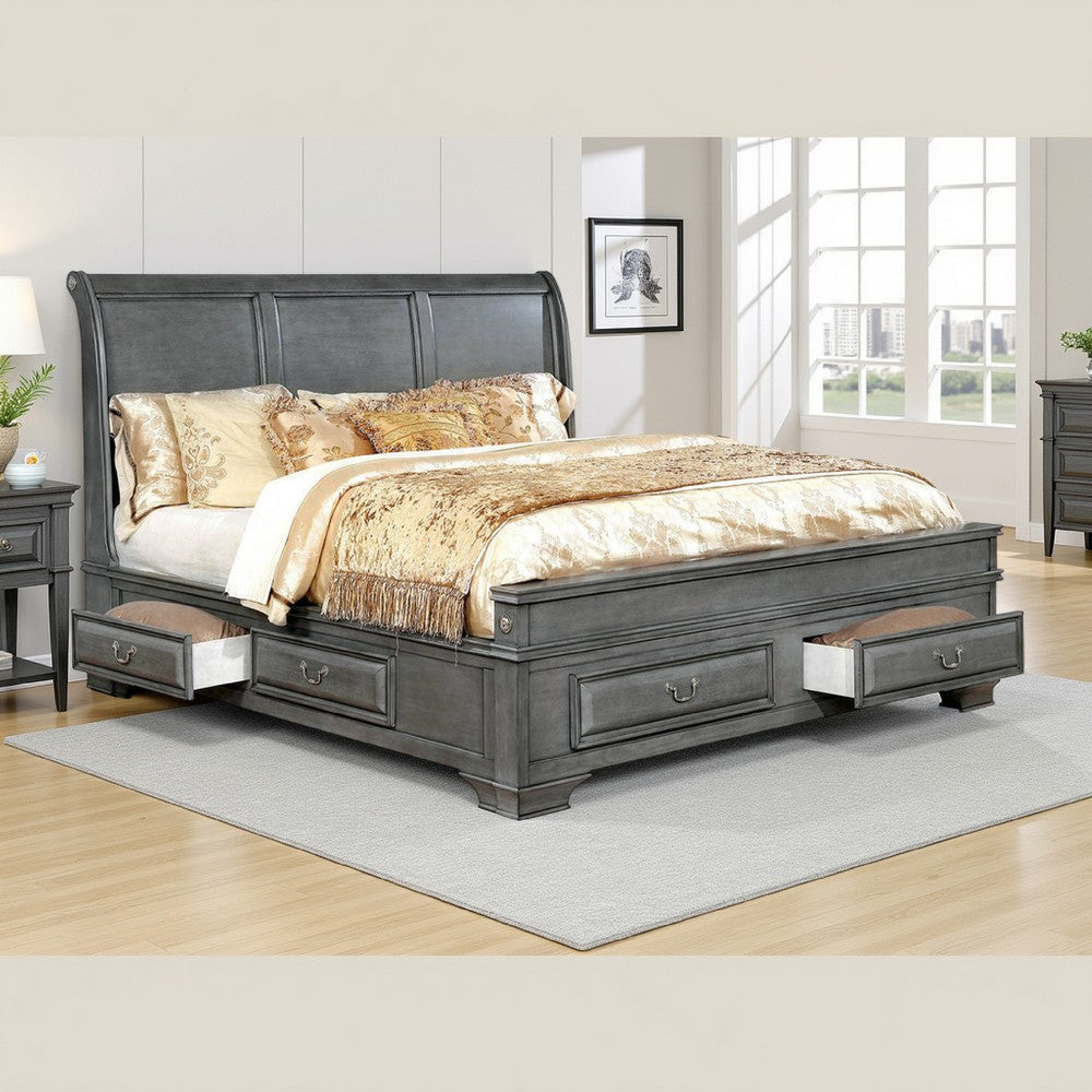 Transitional Eastern King Wooden Bed with Multiple Bottom Drawers, Gray By Casagear Home