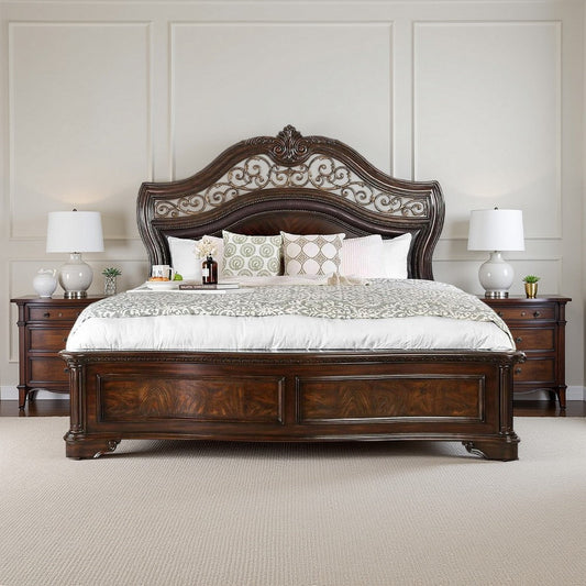 California King Bed | Wood Frame | Intricate Carved Headboard | Brown