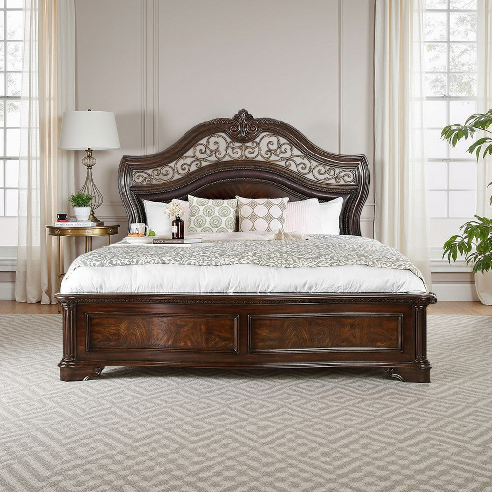 Eastern King Wooden Bed with Intricate Carved Headboard, Brown
