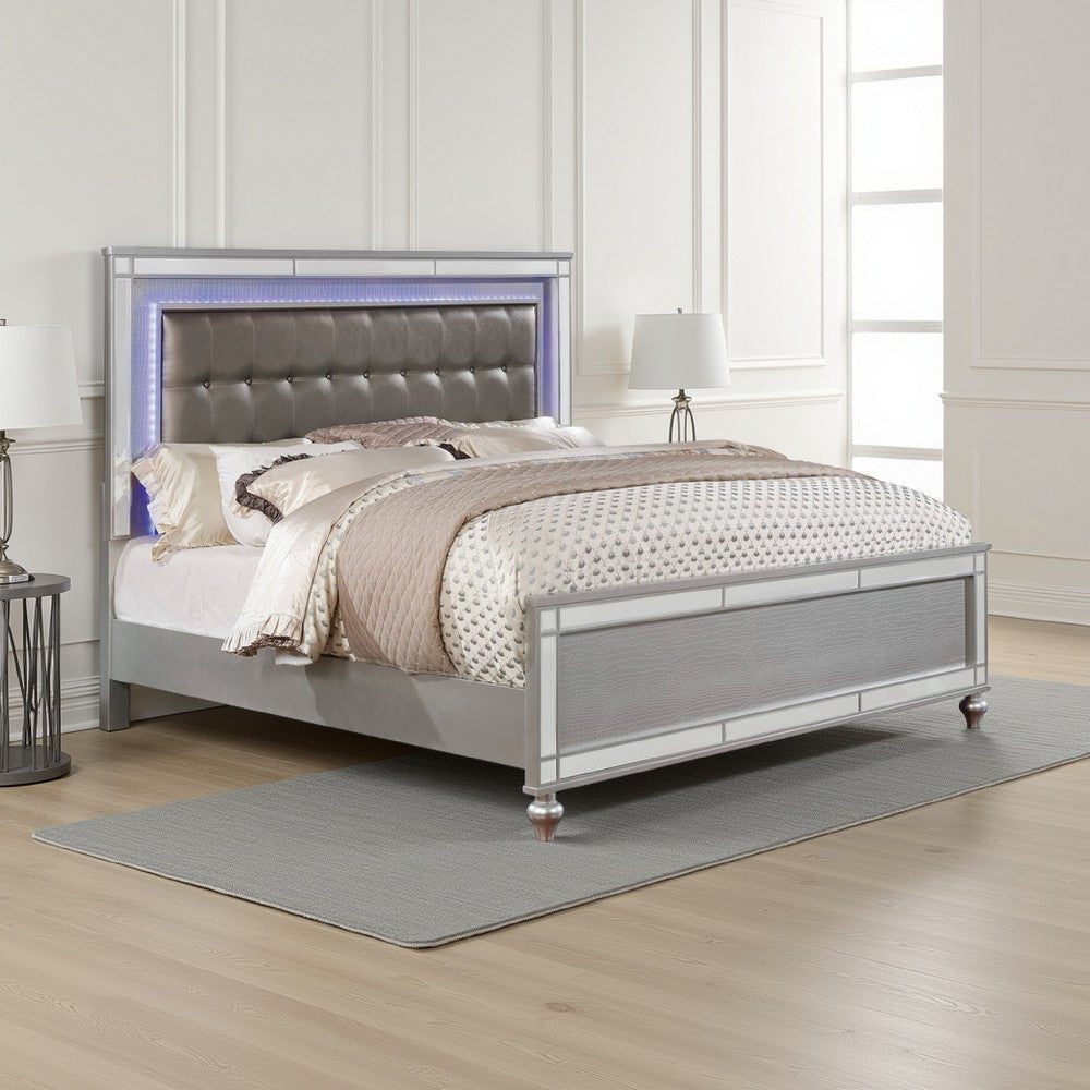 Contemporary Button Tufted Eastern King Bed with Ornate Bun Feet,Silver