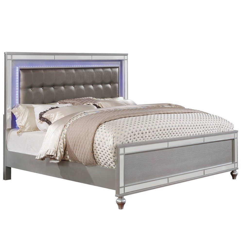 Contemporary Button Tufted Eastern King Bed with Ornate Bun Feet,Silver