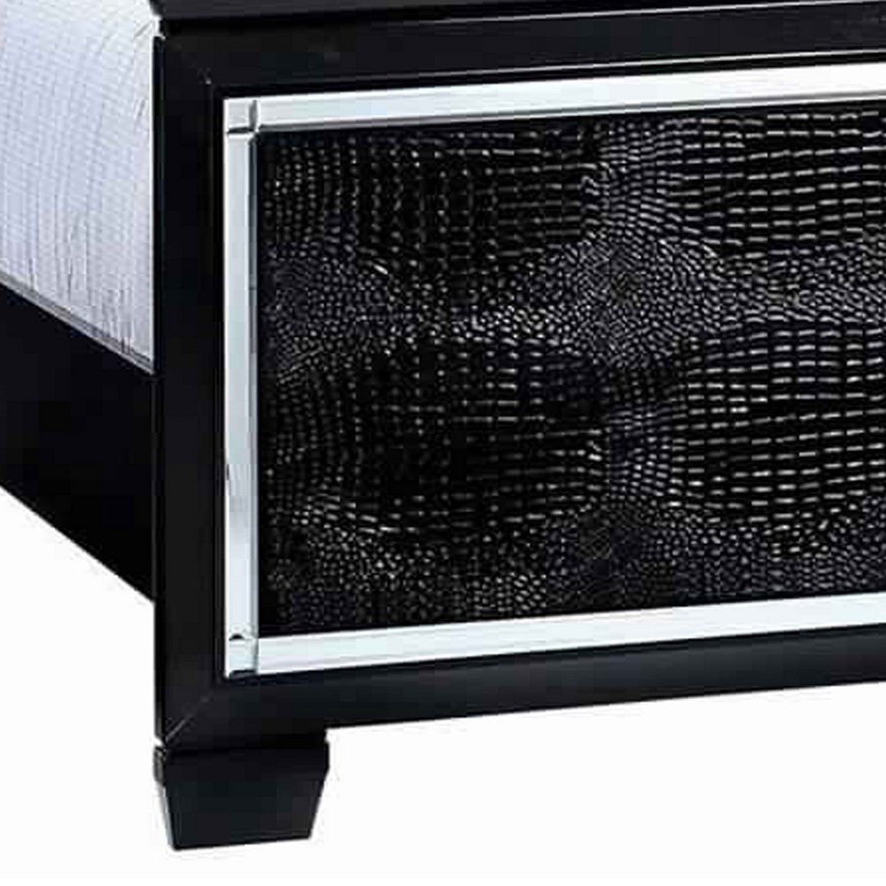 Textured California King Size Bed with Silver Trim Accents Black