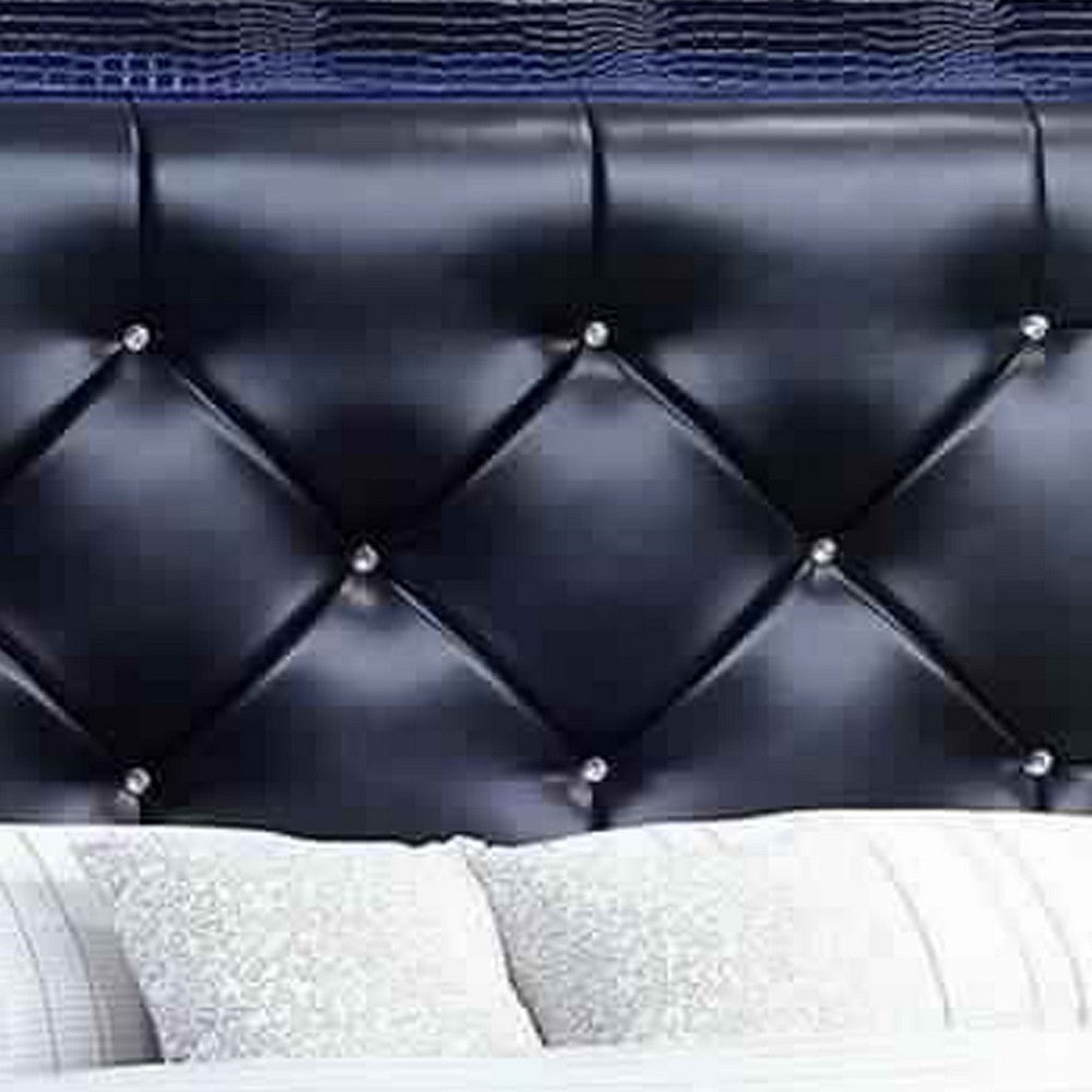 Textured California King Size Bed with Silver Trim Accents Black