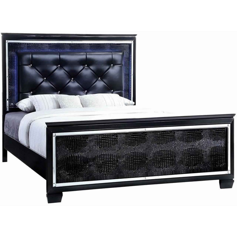 Textured California King Size Bed with Silver Trim Accents, Black