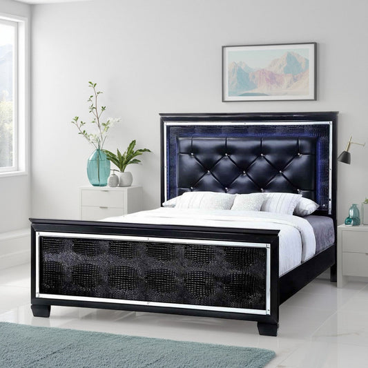 Textured California King Size Bed with Silver Trim Accents, Black