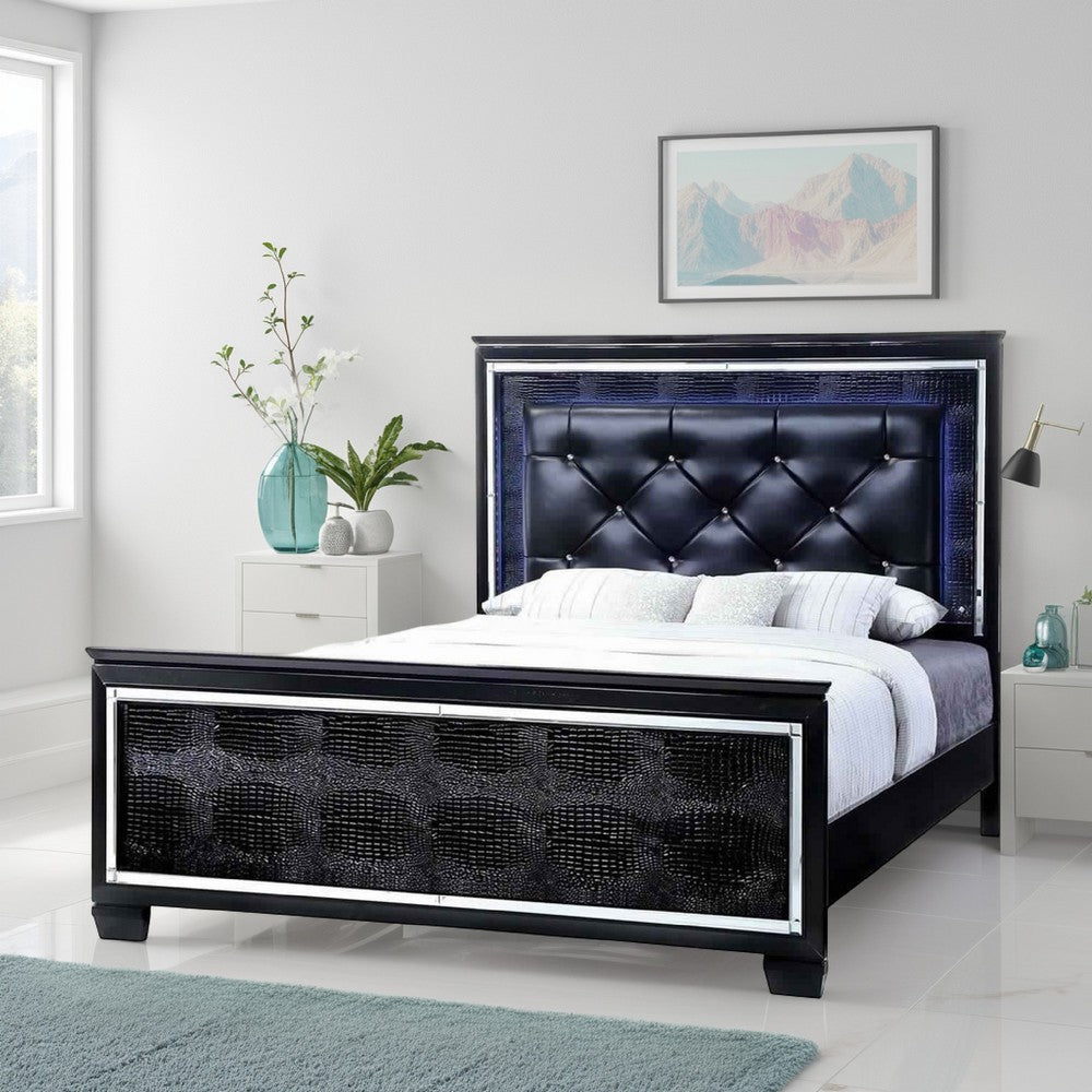 Textured California King Size Bed with Silver Trim Accents, Black