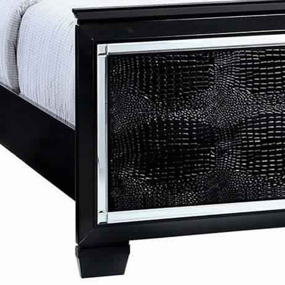 Textured Eastern King Size Bed with Silver Trim Accents Black
