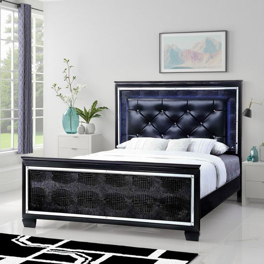 Textured Eastern King Size Bed with Silver Trim Accents, Black