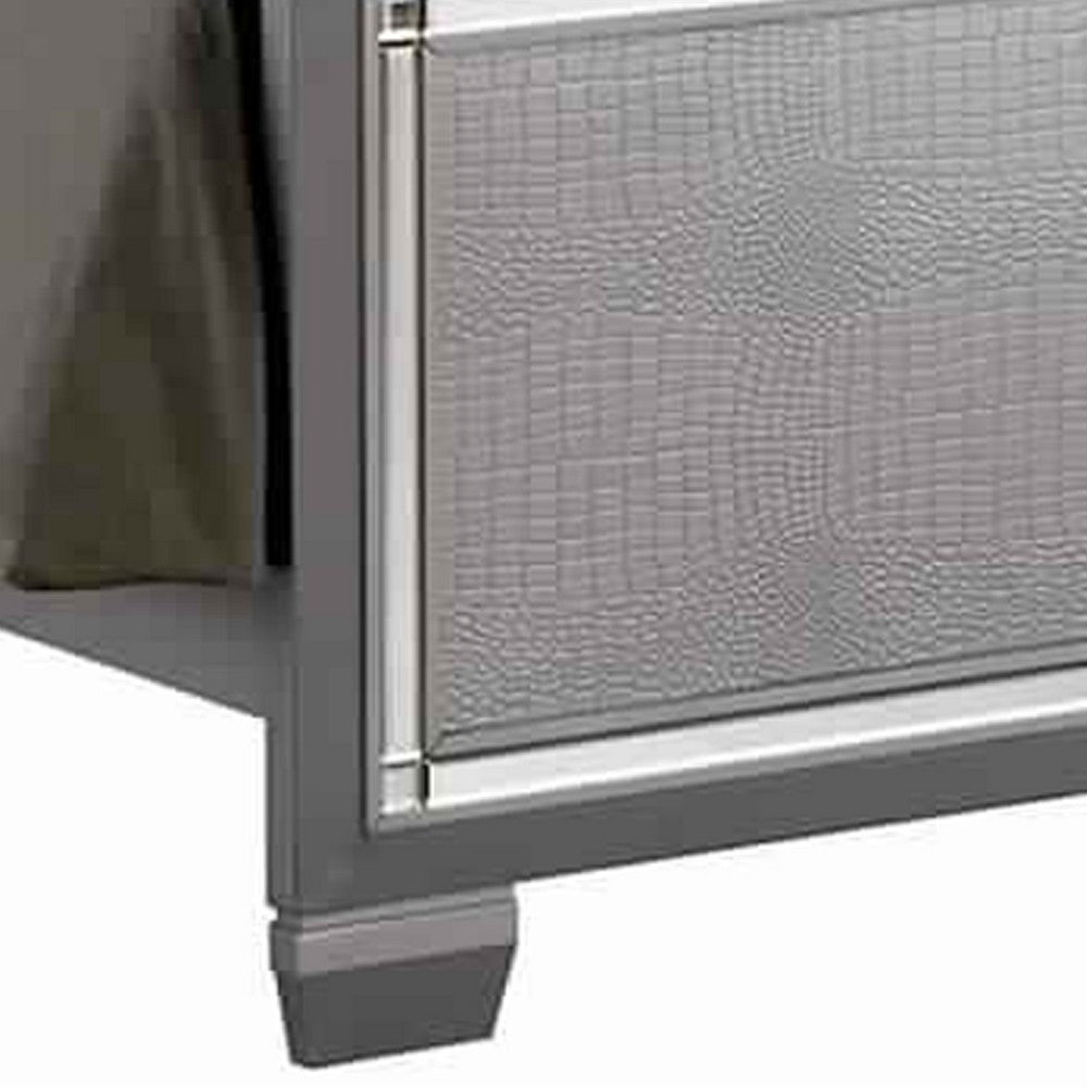 Textured California King Size Bed with Silver Trim Accents Beige