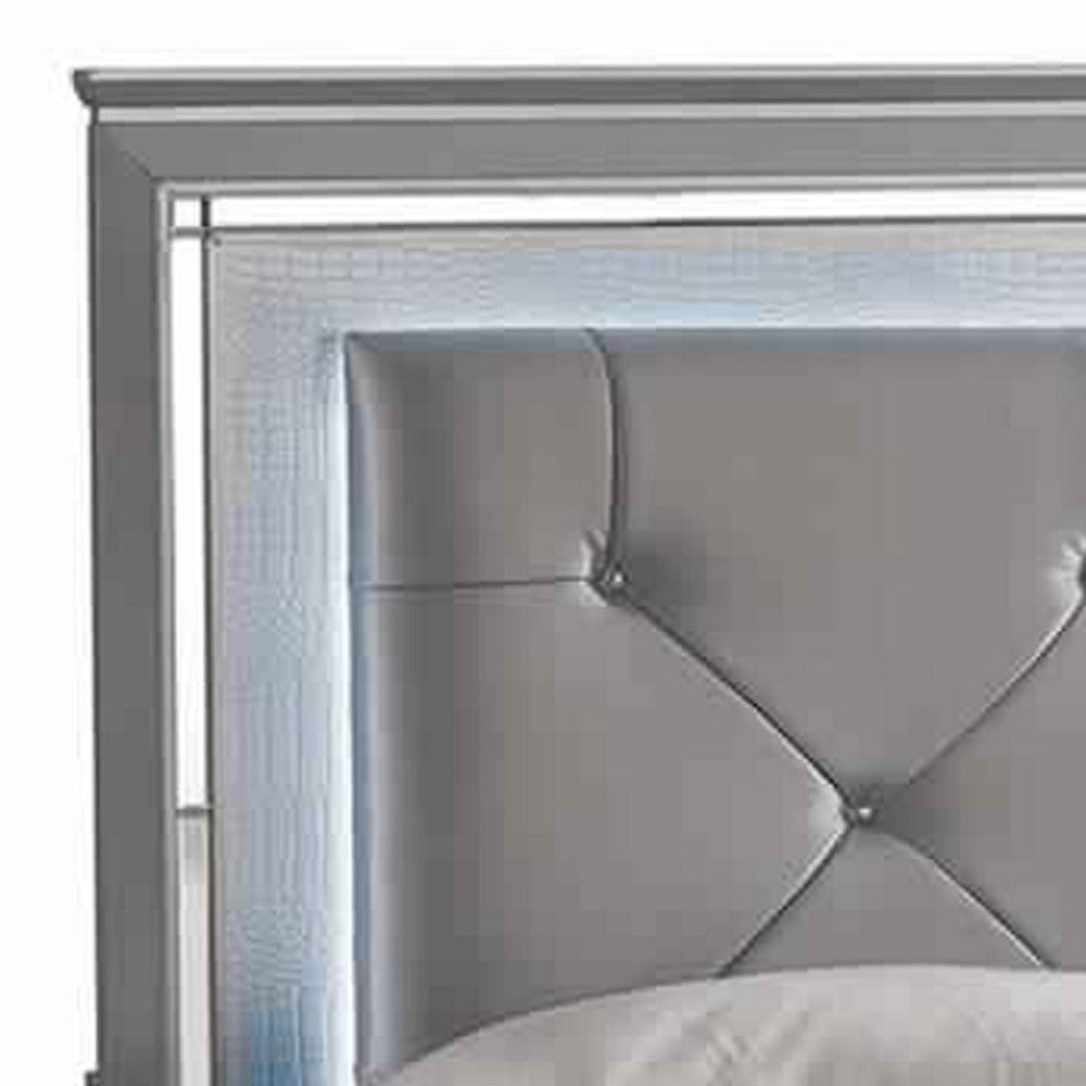 Textured California King Size Bed with Silver Trim Accents Beige