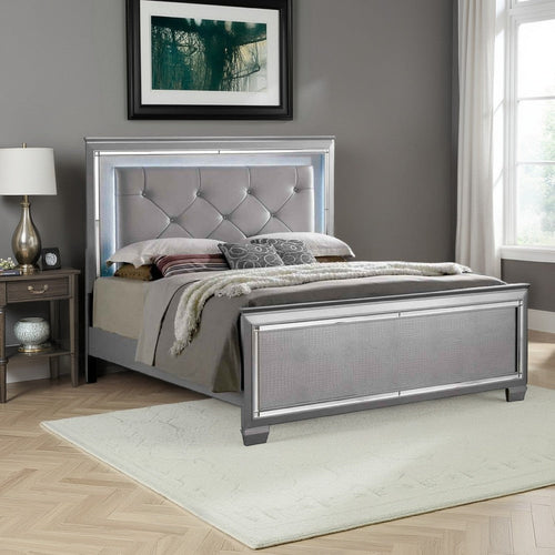 Textured California King Size Bed with Silver Trim Accents, Beige
