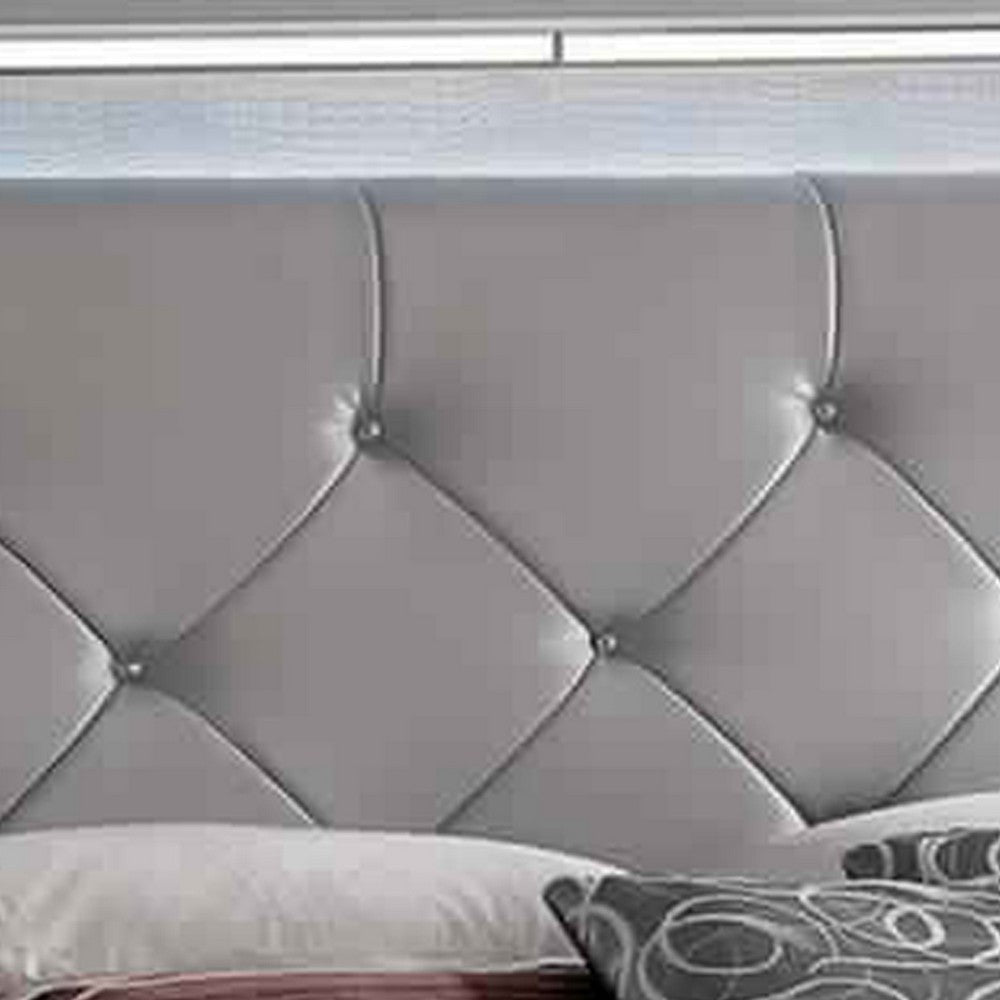 Textured Eastern King Size Bed with Silver Trim Accents Beige