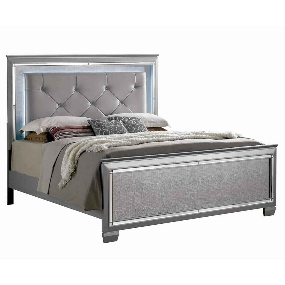 Textured Eastern King Size Bed with Silver Trim Accents, Beige