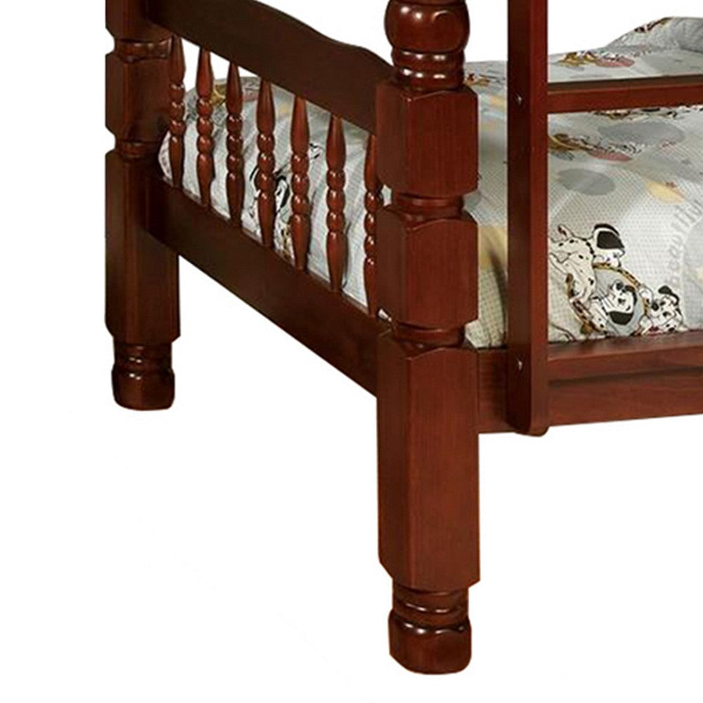 Wooden Twin over Twin Bunk Bed with Bobbin Motif Spindles Brown By Casagear Home BM216386