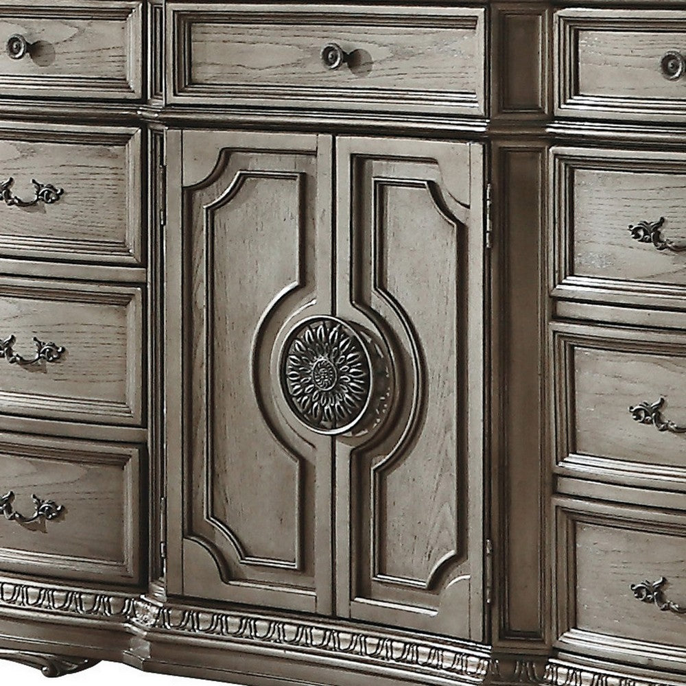 Traditional Dresser with 2 Door Storage and Molded Details, Antique Silver