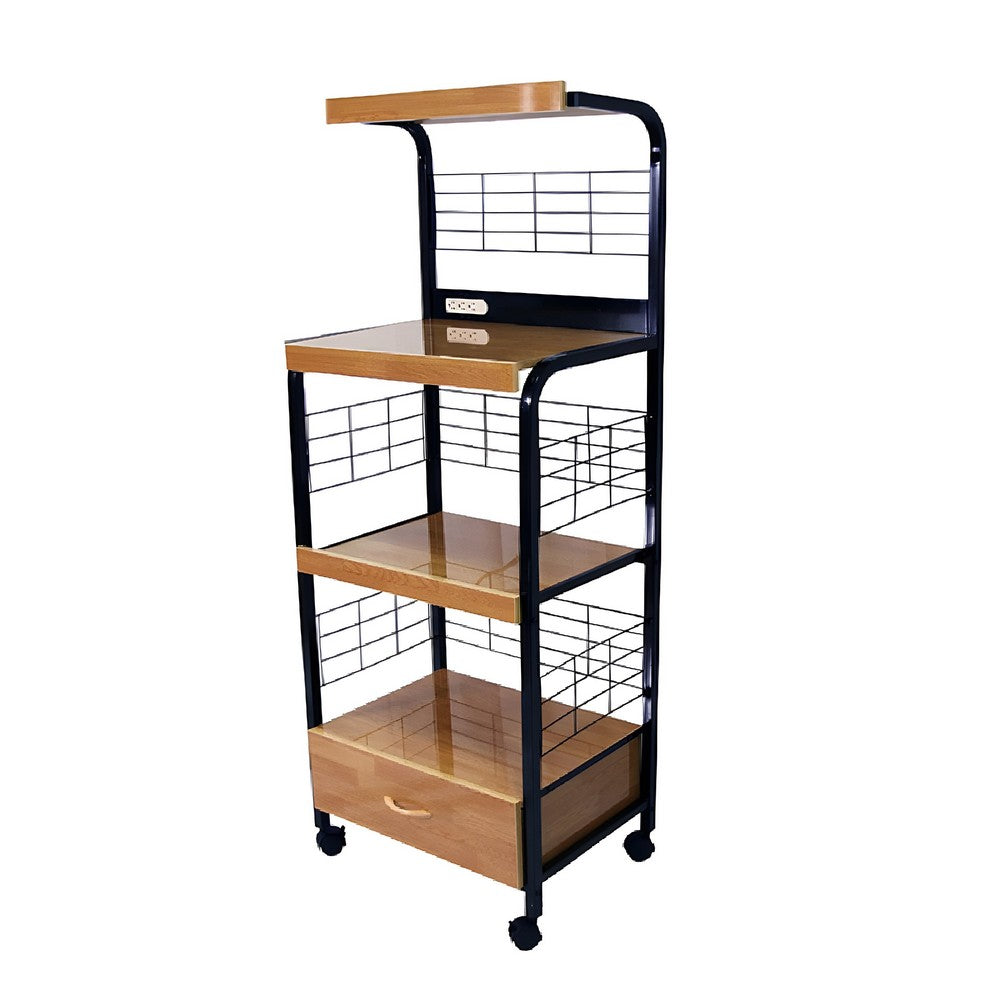 Wood & Metal Microwave Cart | Power Outlet | Black & Brown