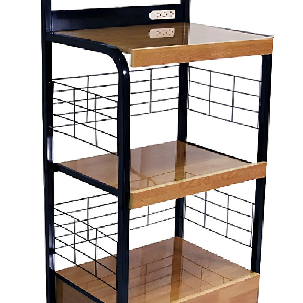 Wood & Metal Microwave Cart | Power Outlet | Black & Brown