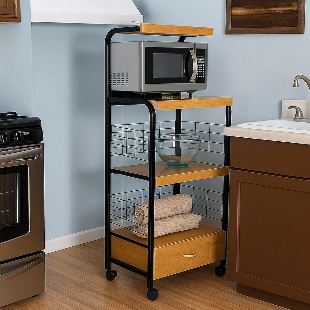 Wood & Metal Microwave Cart | Power Outlet | Black & Brown