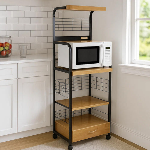 Wood & Metal Microwave Cart | Power Outlet | Black & Brown