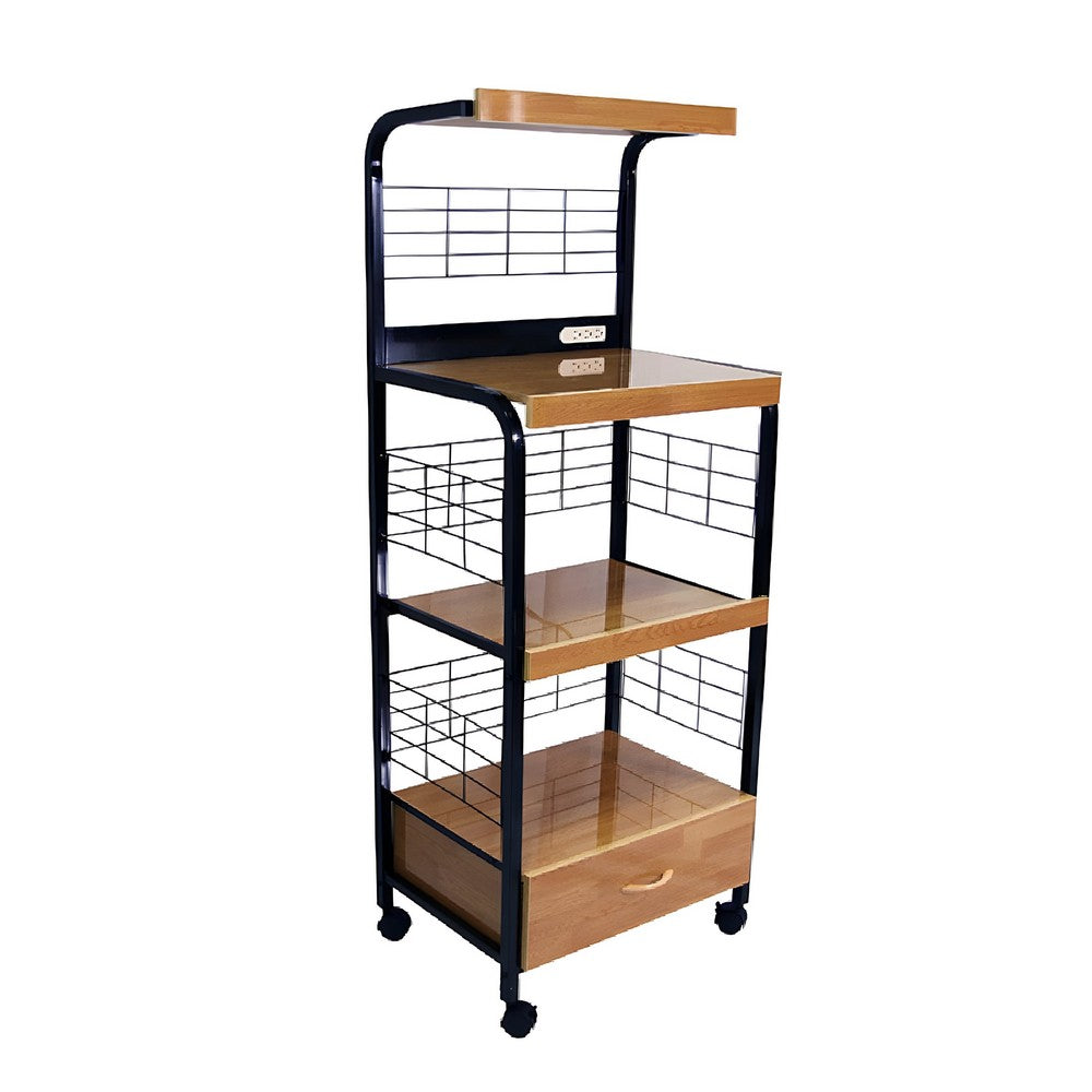 Wood & Metal Microwave Cart | Power Outlet | Black & Brown