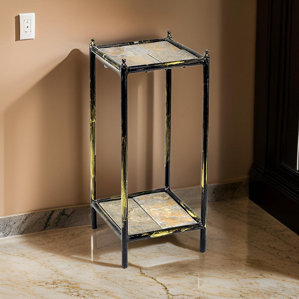 Square Stone Top Plant Stand | 2 Tier | Metal Frame | Small | Black & Gray