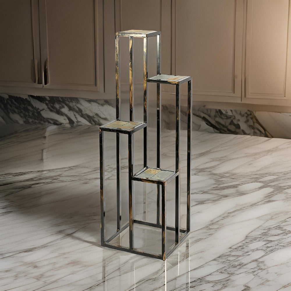 Cast Iron Plant Stand | 4 Tier | Stone Topping | Black & Gold