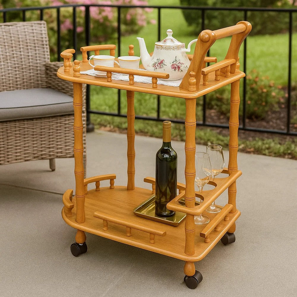 Wood Wine Table | 2 Tier | Turned Legs | Casters | Oak Brown