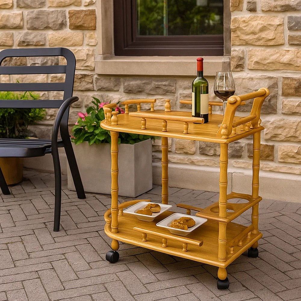 Wood Wine Table | 2 Tier | Turned Legs | Casters | Oak Brown