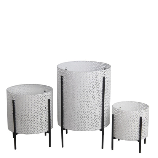 Metal Planters with Floral Hexagon Cut Out Design, Set of 3,White and Black