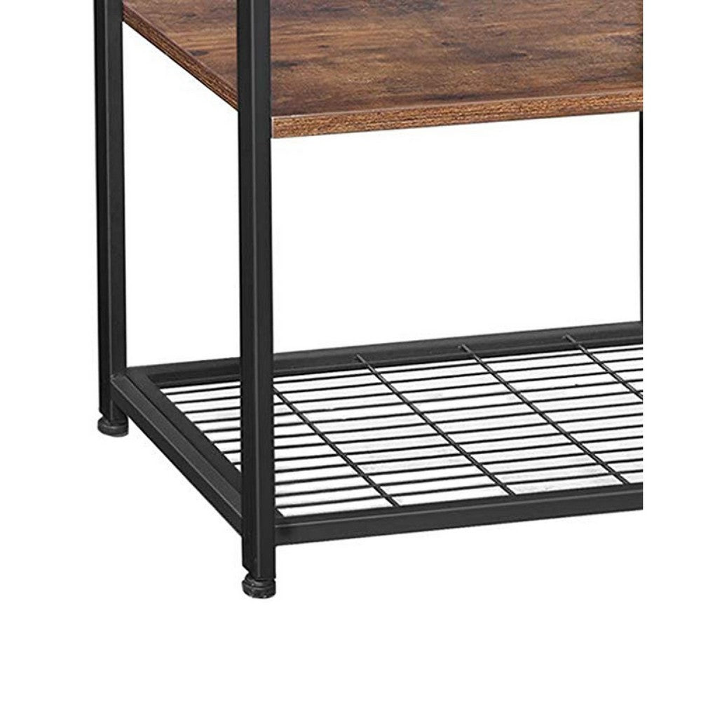 Wood & Metal Bakers Rack | 2 Mesh Baskets | 6 Hooks | Brown & Black