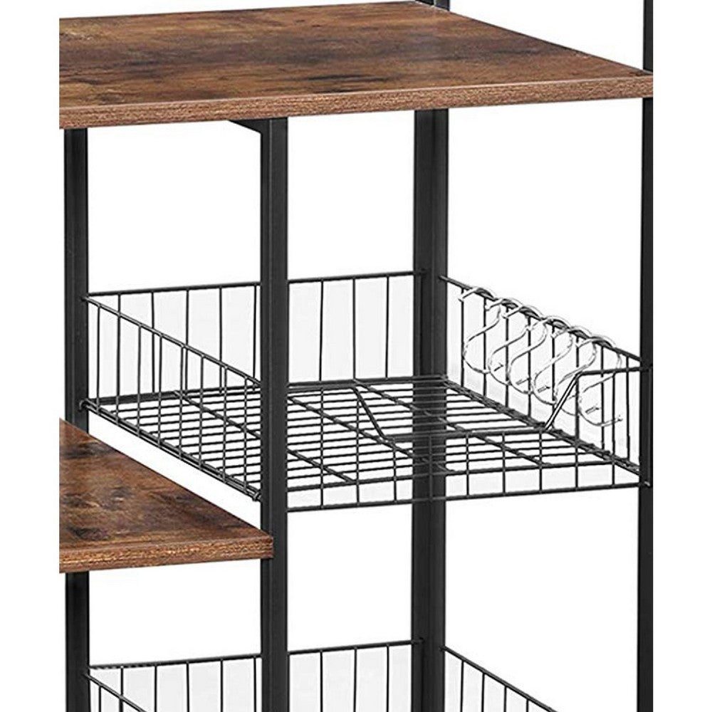 Wood & Metal Bakers Rack | 2 Mesh Baskets | 6 Hooks | Brown & Black