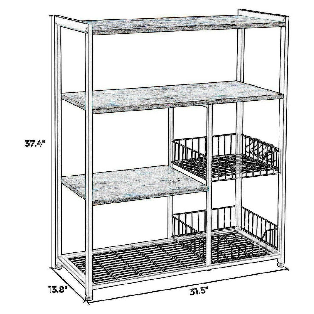 Wood & Metal Bakers Rack | 2 Mesh Baskets | 6 Hooks | Brown & Black