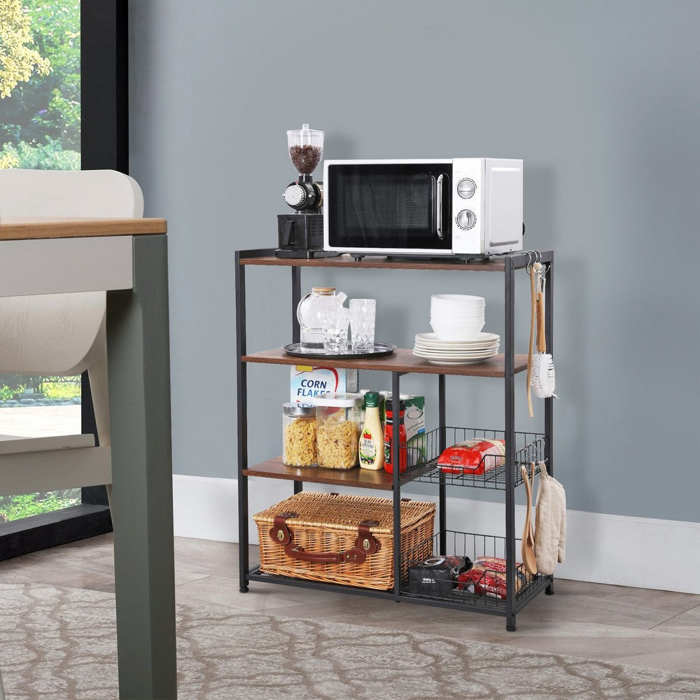 Wood & Metal Bakers Rack | 2 Mesh Baskets | 6 Hooks | Brown & Black