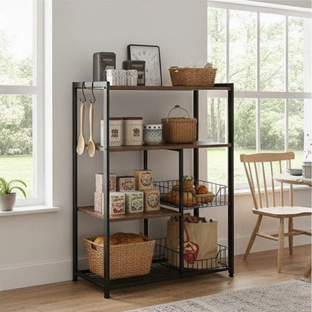 Wood & Metal Bakers Rack | 2 Mesh Baskets | 6 Hooks | Brown & Black
