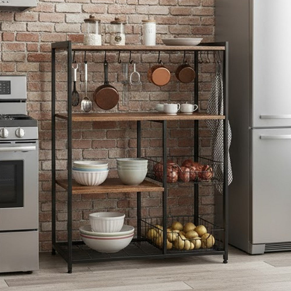 Wood & Metal Bakers Rack | 2 Mesh Baskets | 6 Hooks | Brown & Black