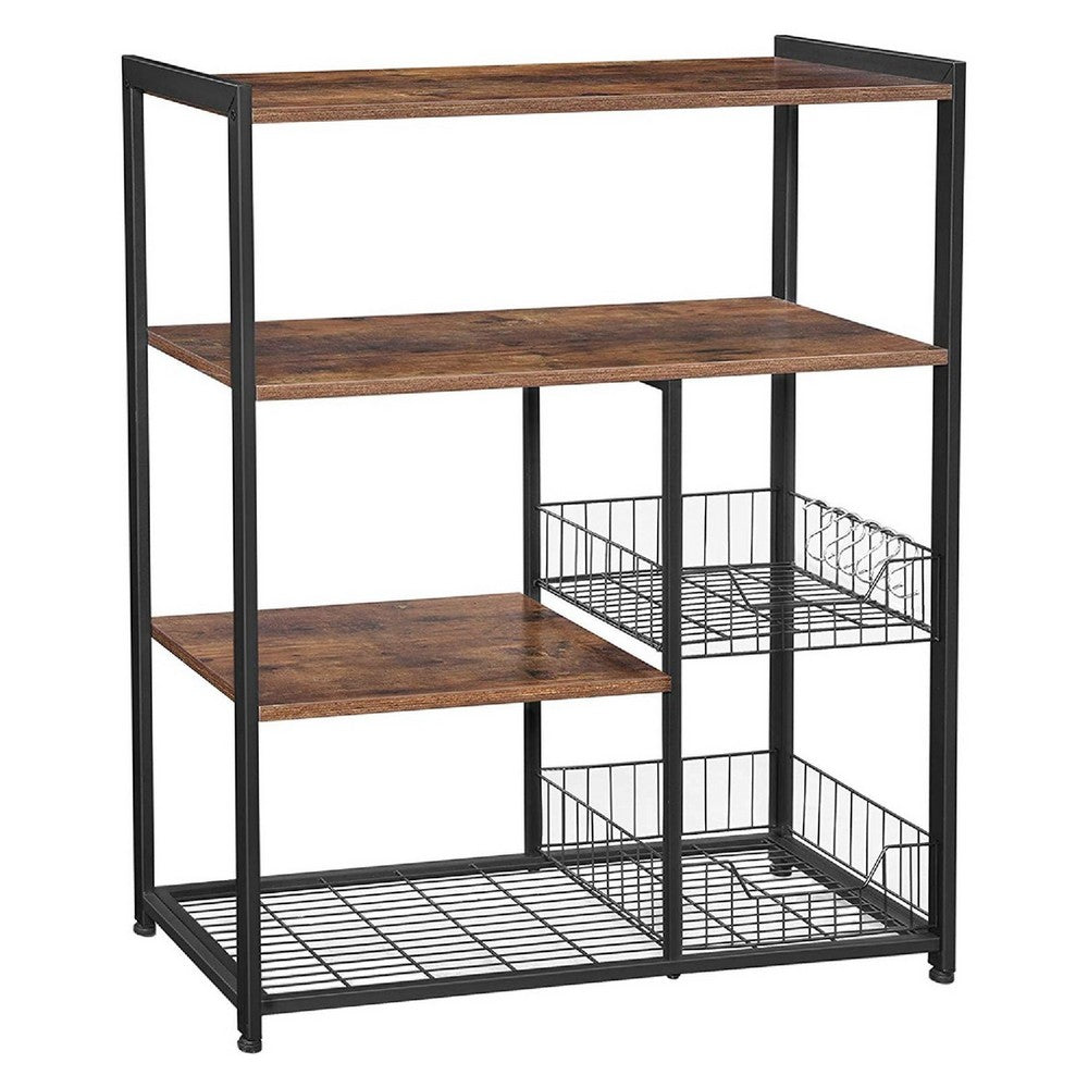 Wood & Metal Bakers Rack | 2 Mesh Baskets | 6 Hooks | Brown & Black