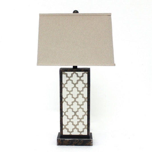 Rock Base Table Lamp with Drum Shade and Quatrefoil Pattern,Brown