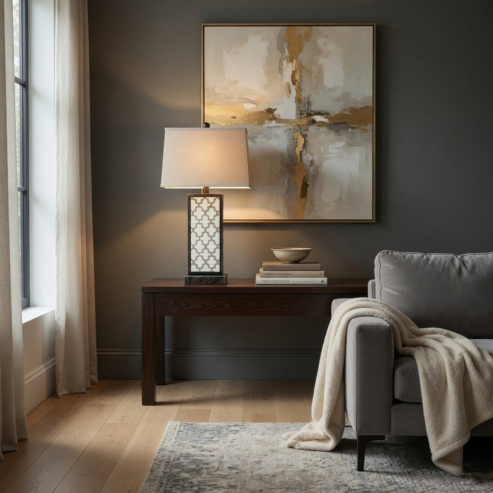 Rock Base Table Lamp with Drum Shade and Quatrefoil Pattern,Brown