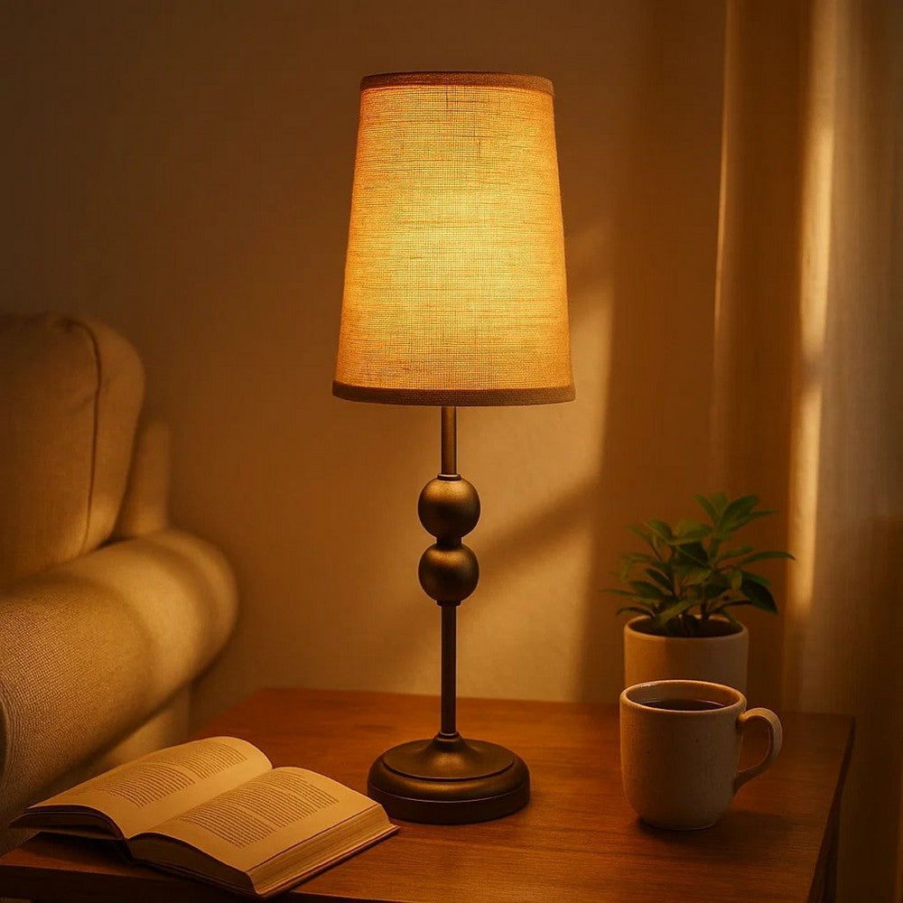 Metal Spindle Design Table Lamp with Cone Shade and Round Base, Black