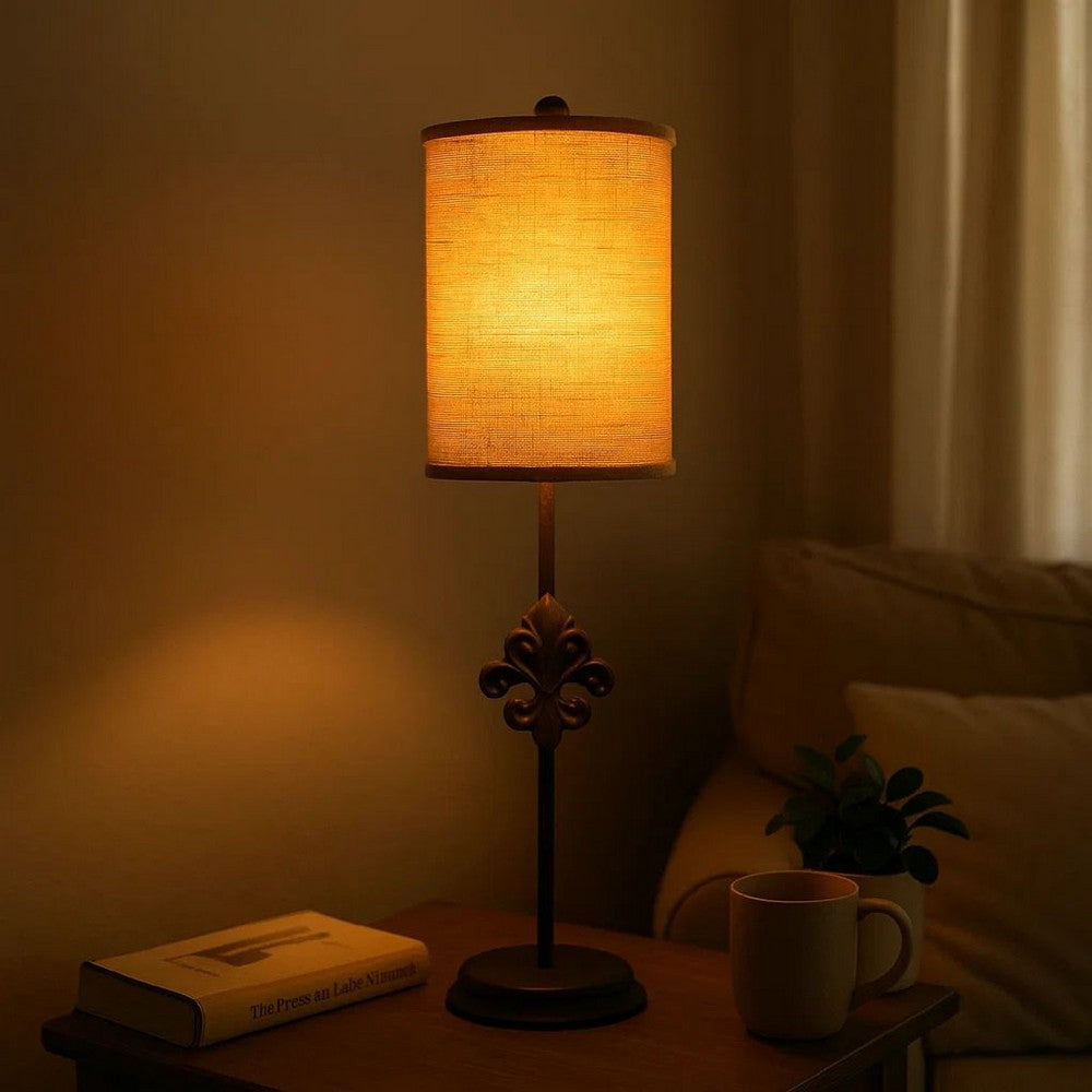 Metal Table Lamp with Cylindrical Drum Shade and Fleur De Lis Accent,Black