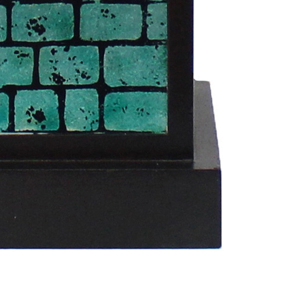 Rectangular Metal Frame Table Lamp with Brick Pattern, White and Blue
