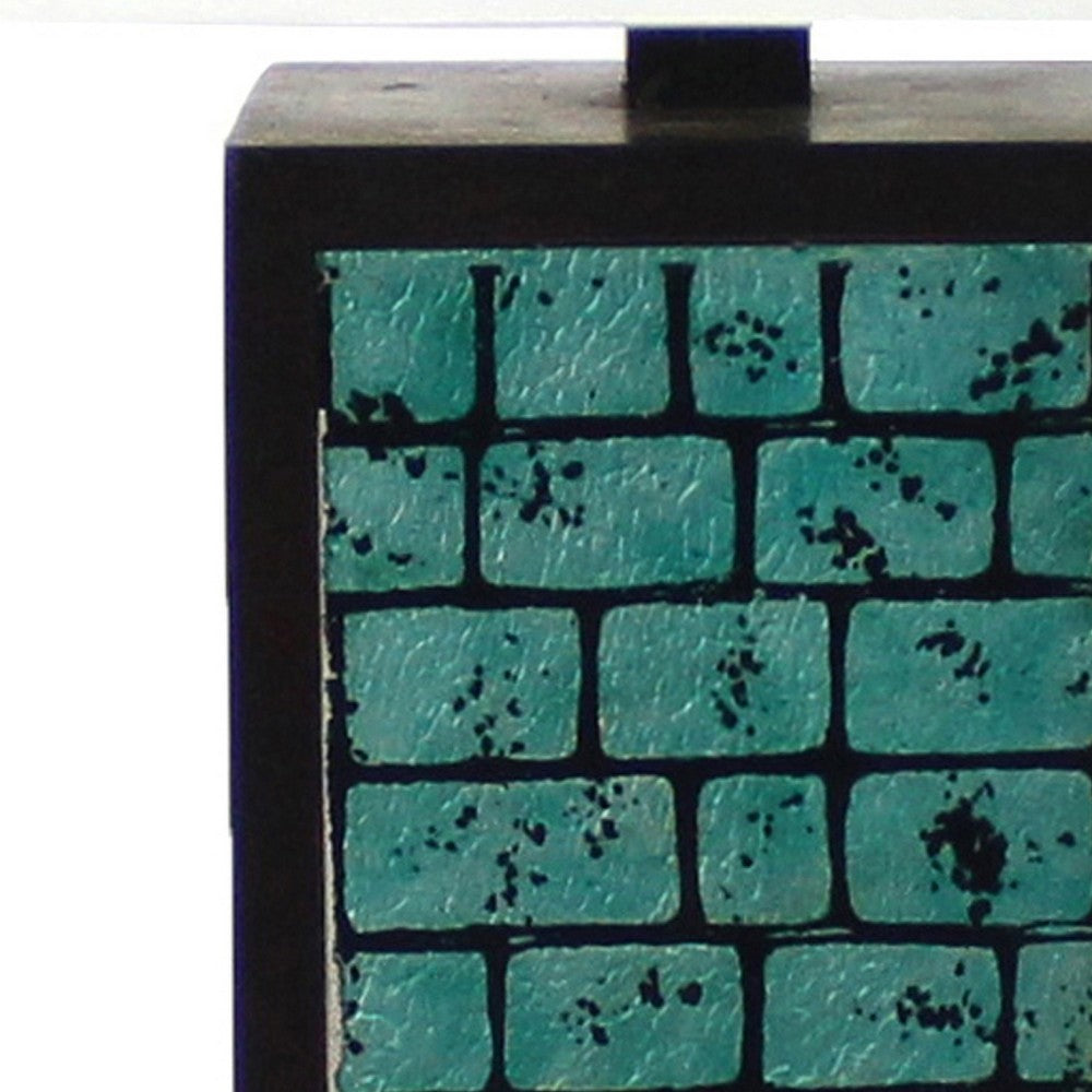 Rectangular Metal Frame Table Lamp with Brick Pattern, White and Blue