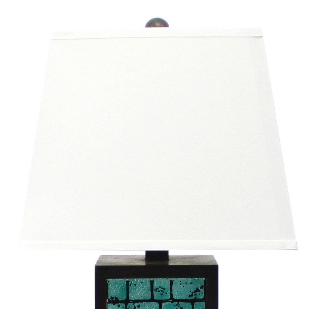Rectangular Metal Frame Table Lamp with Brick Pattern, White and Blue