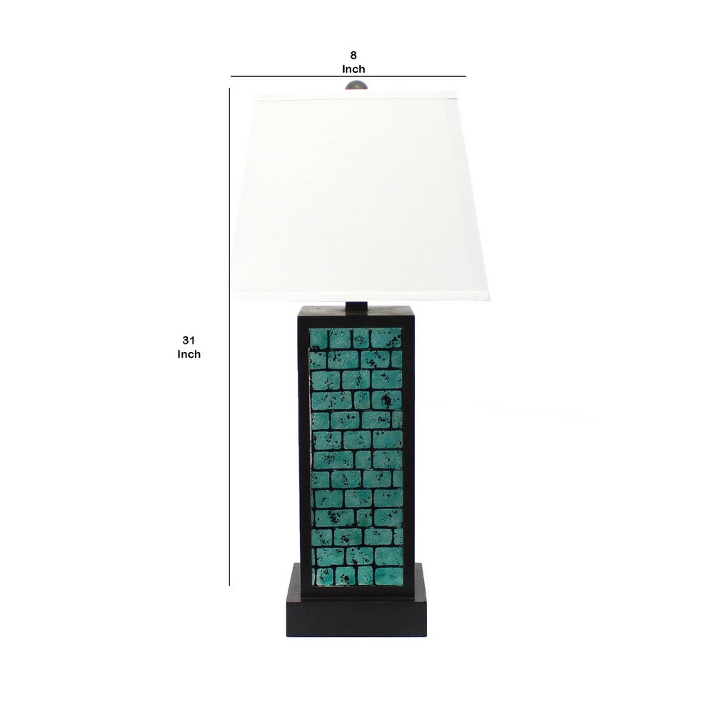 Rectangular Metal Frame Table Lamp with Brick Pattern, White and Blue