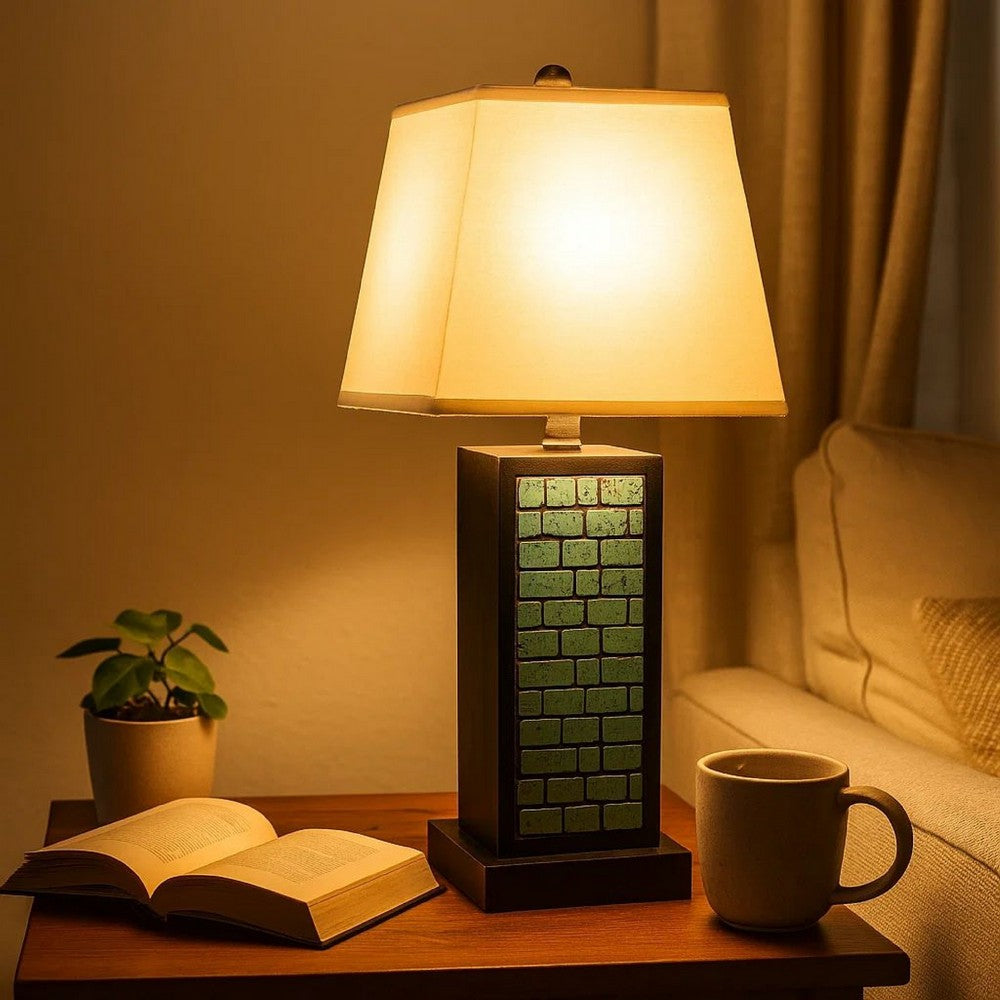Rectangular Metal Frame Table Lamp with Brick Pattern, White and Blue